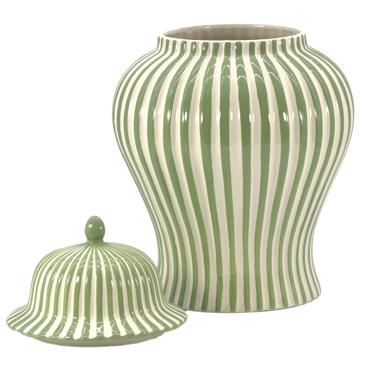 18-inch green and white candy cane striped ceramic vase with a matching lid.