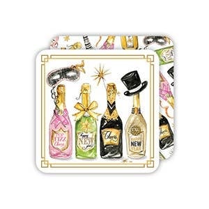 Square handpainted coaster with New Year bottles motif on one side and coordinating pattern reverse