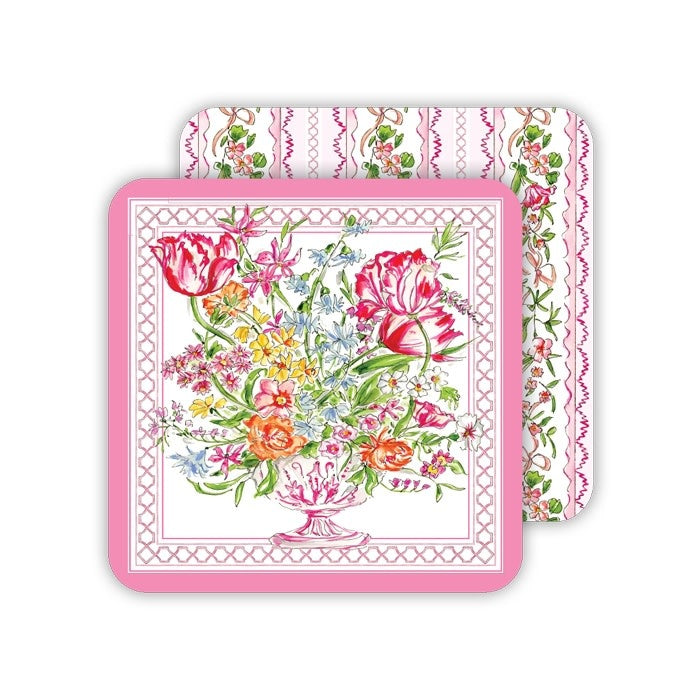 Square reversible coaster with coordinating patterns on both sides.