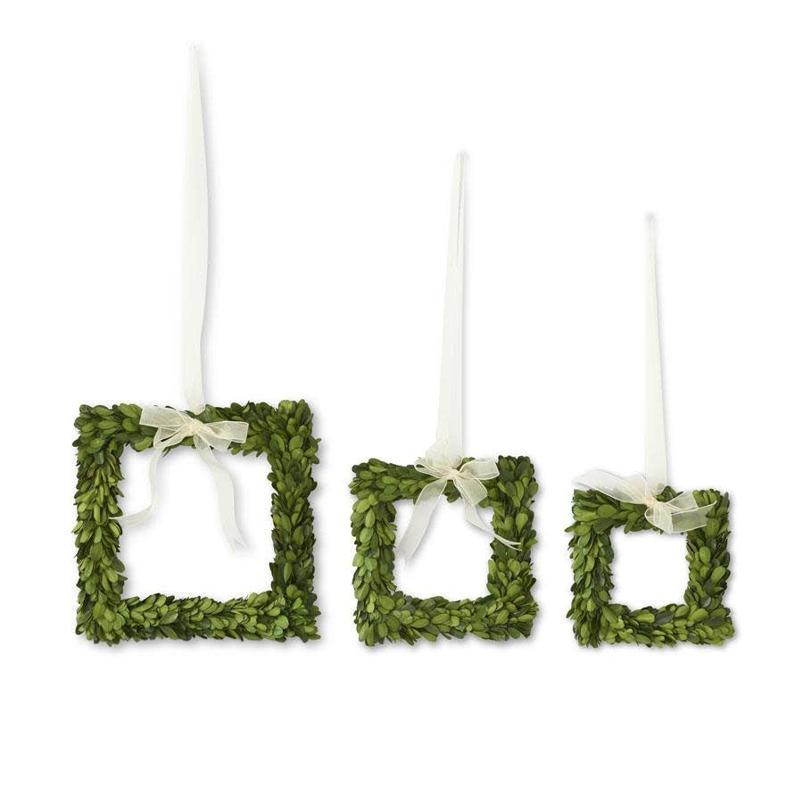 Double-sided square wreath made of preserved green boxwood with a natural organic silhouette.