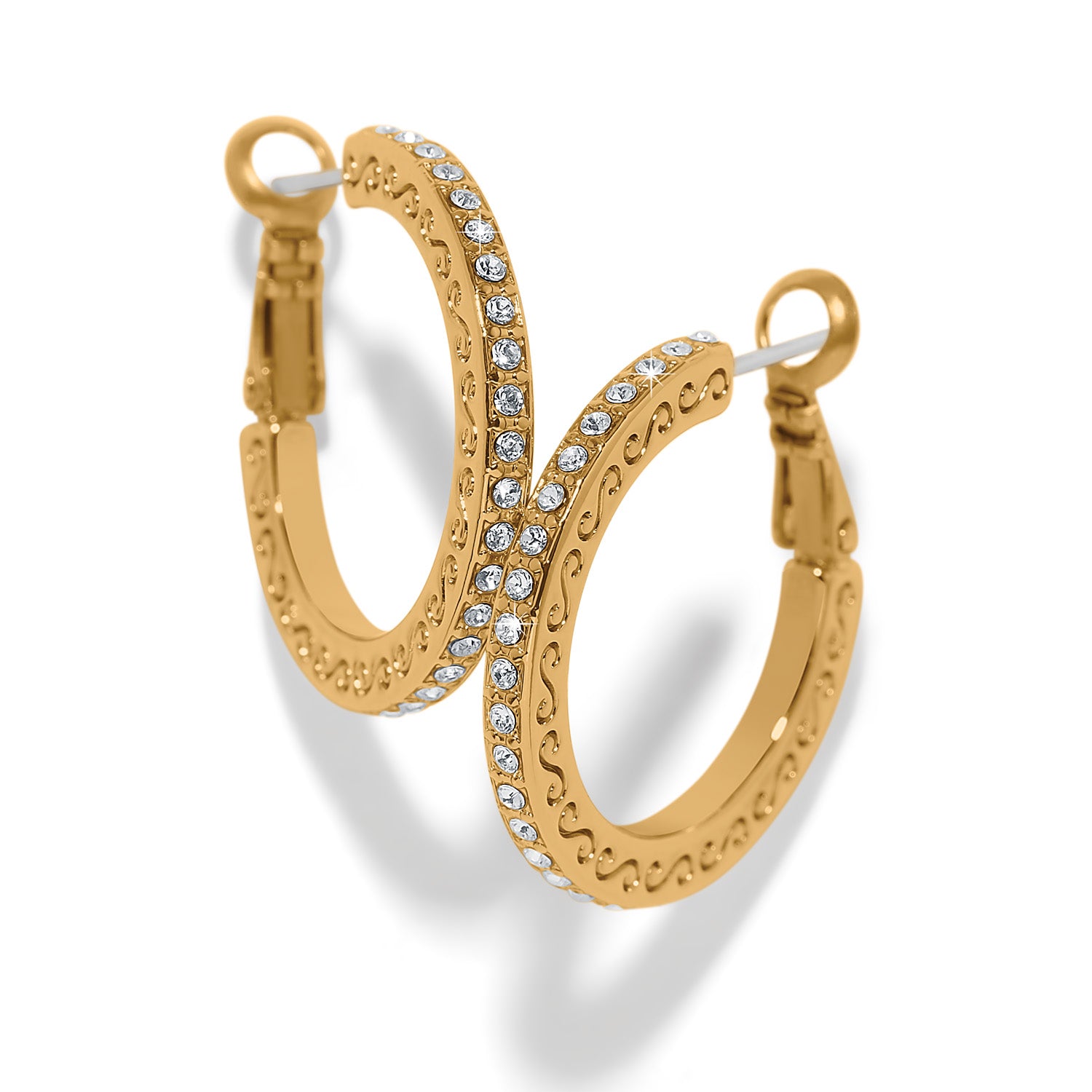 Gold plated thin small hoop earrings with lever back posts featuring fine quality crystals.