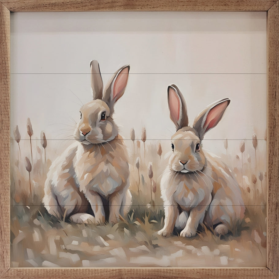 Hand-painted wooden wall art featuring two neutral-colored rabbits in a natural walnut frame.