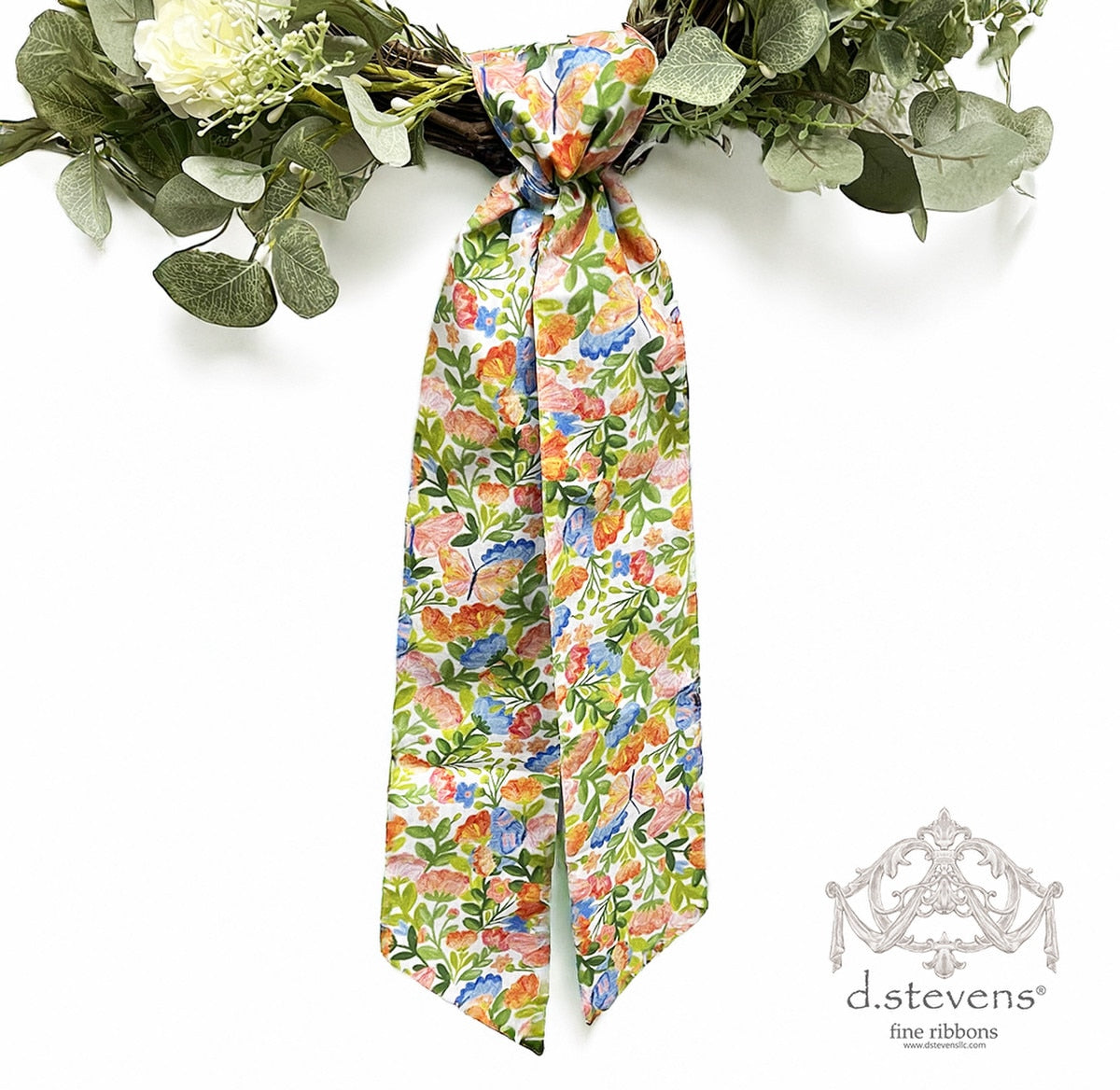 Green pink orange blue floral poplin sash measuring four inches by fifty-six inches.
