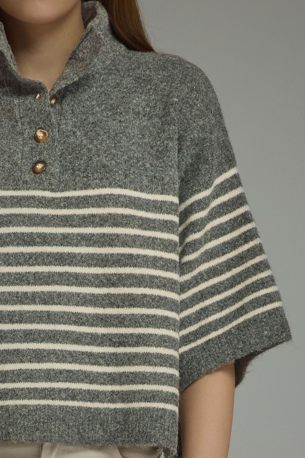 Charlene Stripe Short Sleeve Knit Top in grey and white with a buttoned collar.