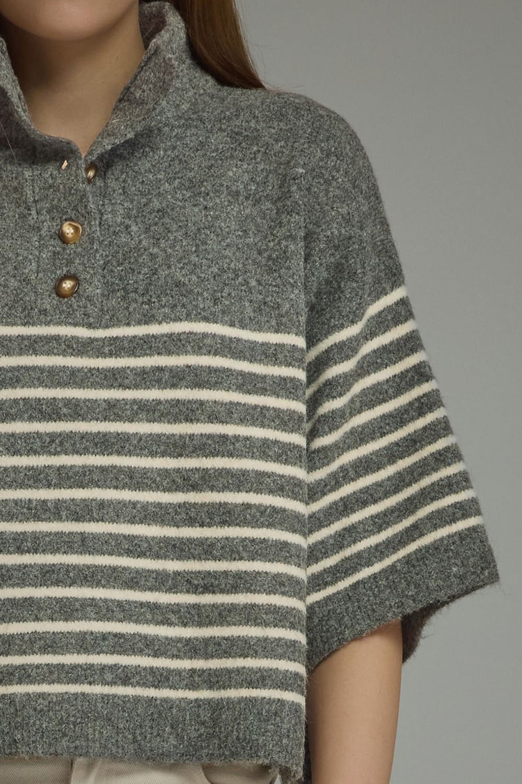 Charlene Stripe Short Sleeve Knit Top in grey and white with a buttoned collar.