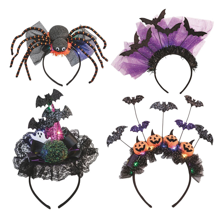 Four Halloween light-up headbands featuring a spider, bats with purple tulle, a witch hat, and pumpkins.