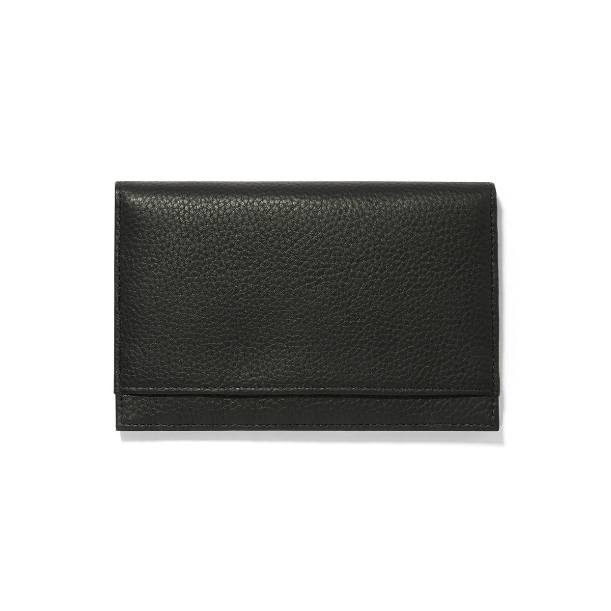 Back view of the Ferrara Medallion Folio Wallet in black pebbled leather with a snap closure.