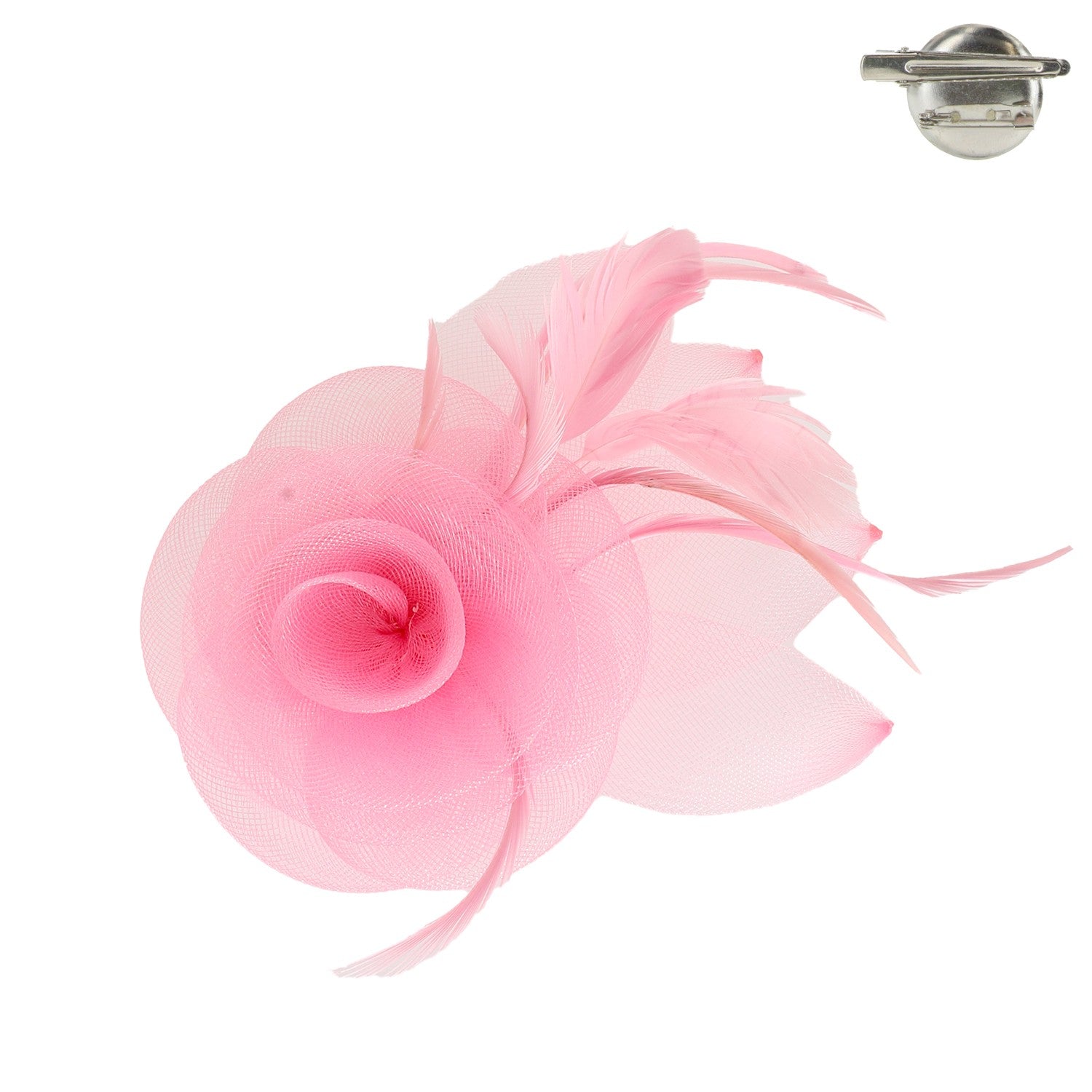 Black mesh fascinator with white floral print featuring a decorative clip attachment.