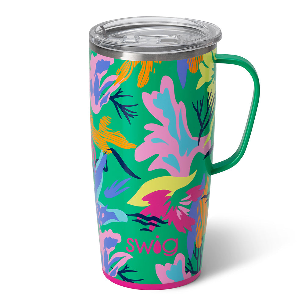 Silver stainless steel travel mug with a slim metal handle and BPA-free lid.