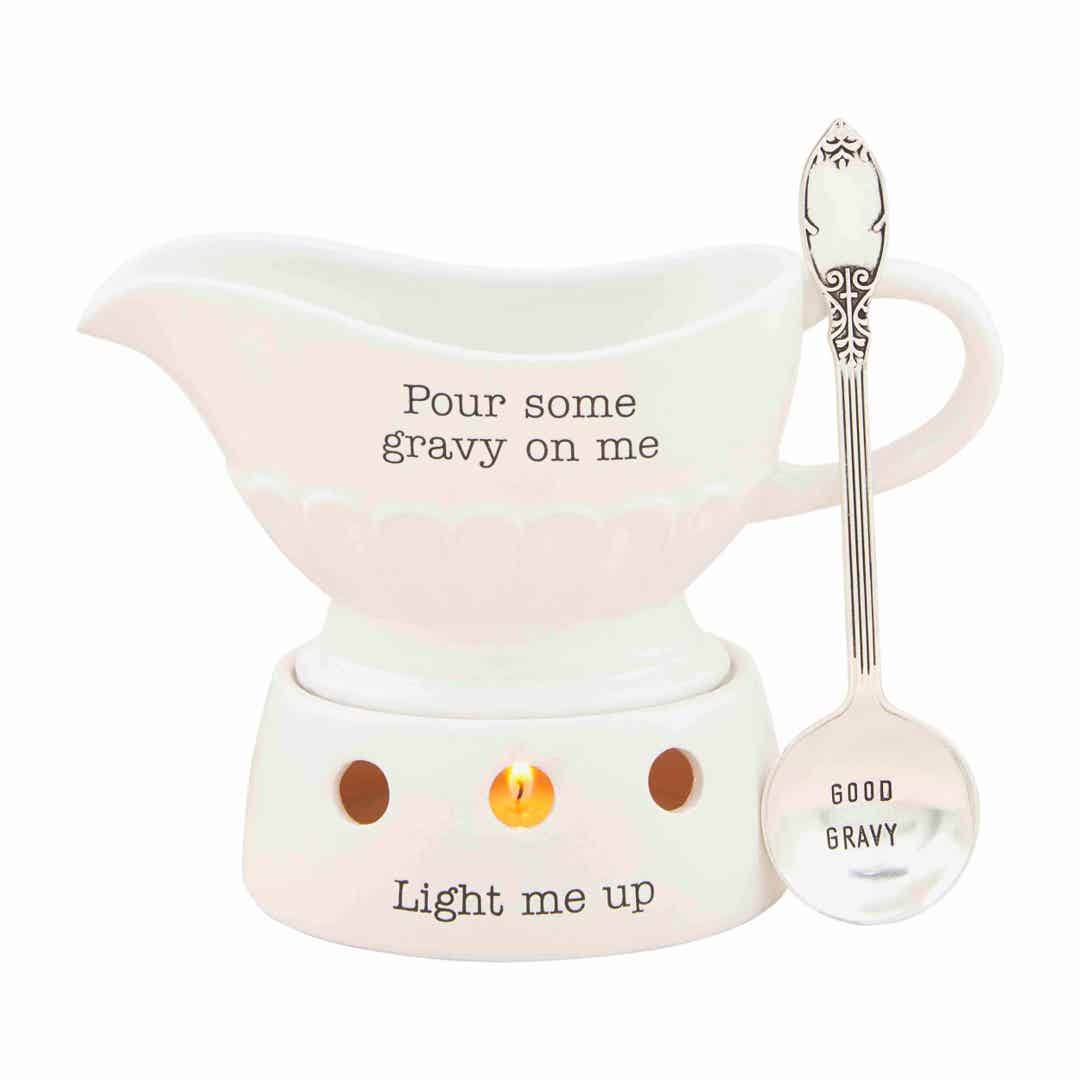 Dolomite gravy boat warming dish with spoon