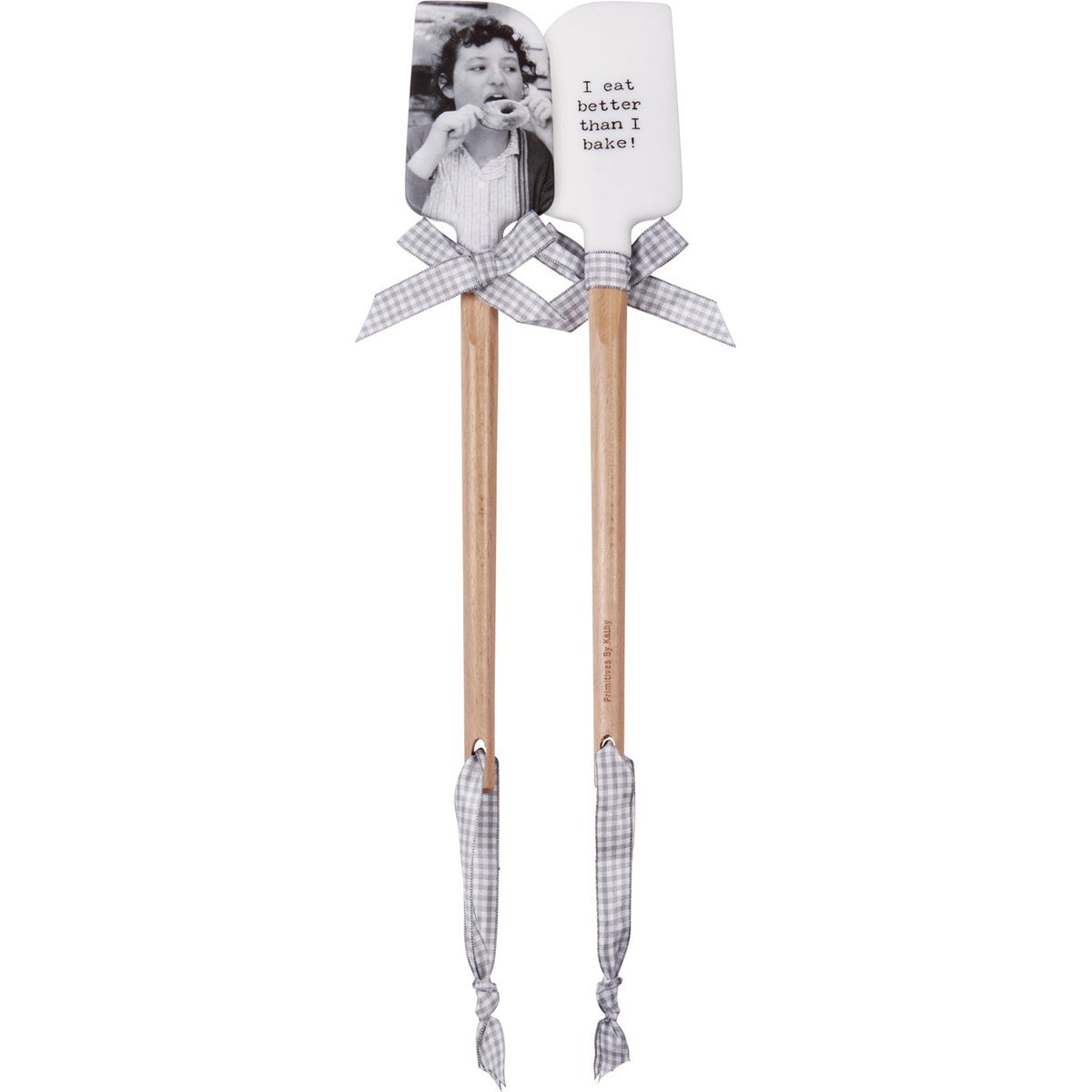 Two silicone spatulas with wooden handles, gingham bows, and 'I eat better than I bake' text.