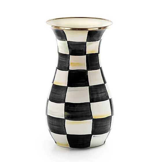Courtly Check Tall Vase with hand-painted black and white checkered pattern and bronzed rim.