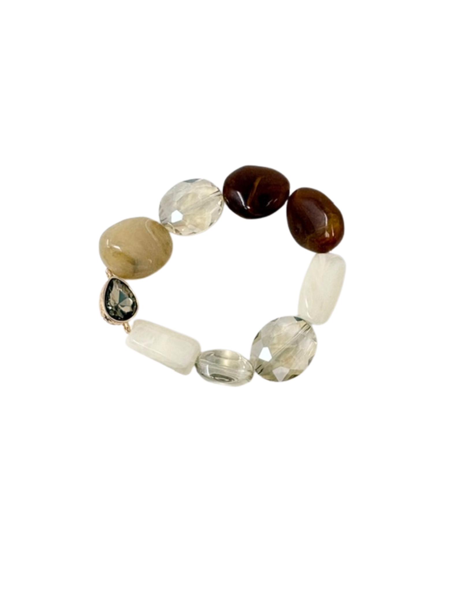 Multi-stone stretch bracelet with brown, tan, and clear faceted and smooth beads.