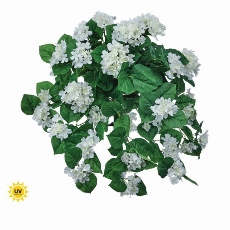Hanging artificial hydrangea plant with green leaves in a black pot.