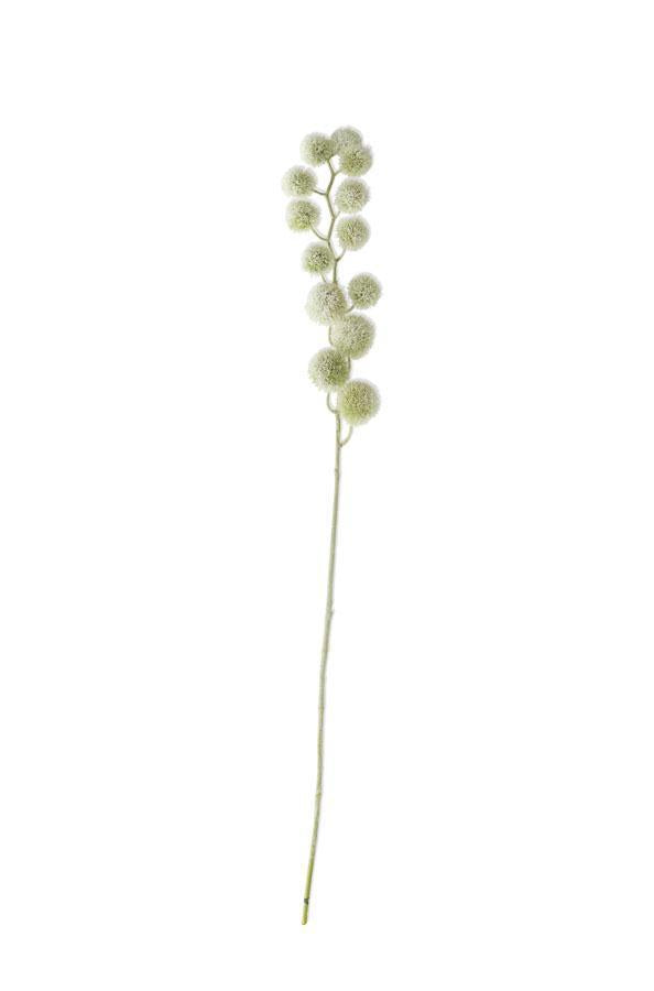 34.5-inch snowy glittered pom-pom spray with white fluffy texture and silver sparkle accents.