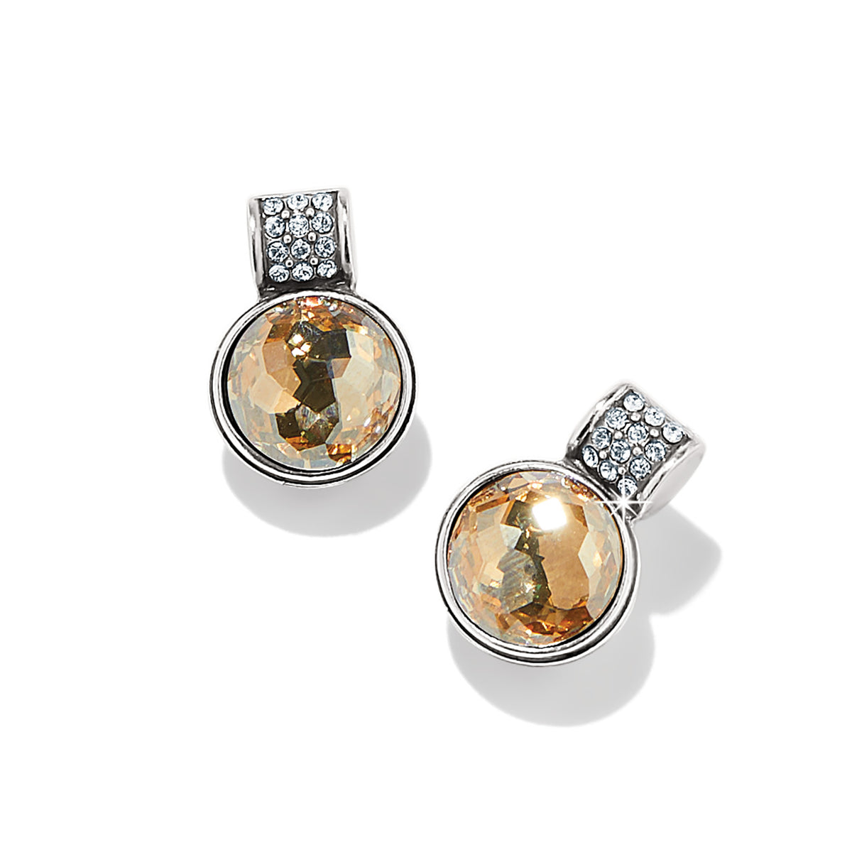 Silver-plated Meridian Aurora Petite post earrings with flat disc backs featuring fine quality golden crystals.
