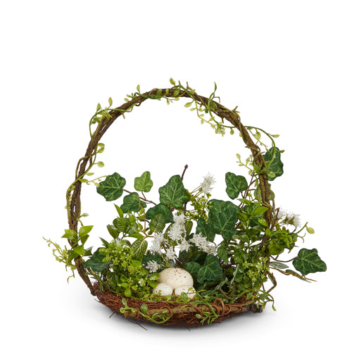 A 13-inch basket made of polyester plastic twigs with foam nesting eggs in a natural twig pattern.