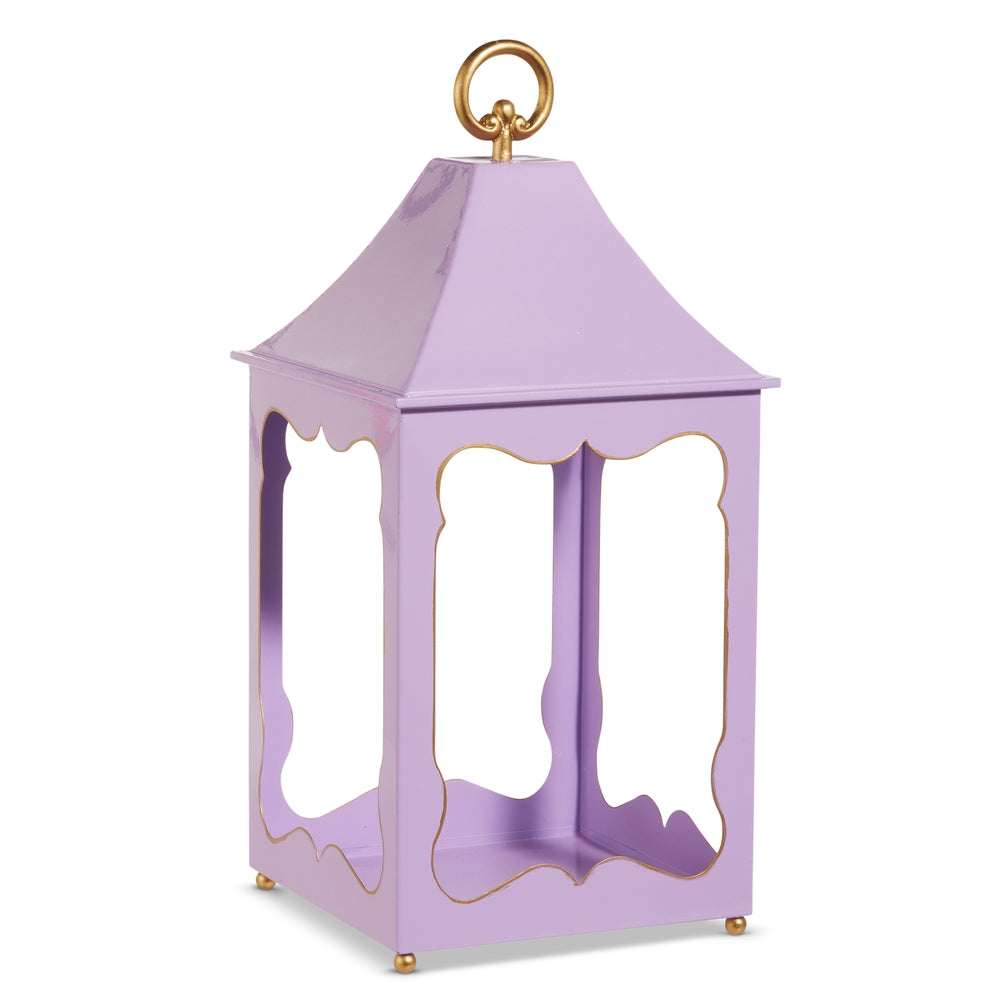 Tall iron lantern in lilac finish with decorative cutouts