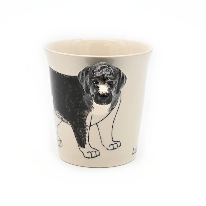 Labradoodle Mug 10 Oz featuring a hand-painted black and white dog with a 3D sculpted head.