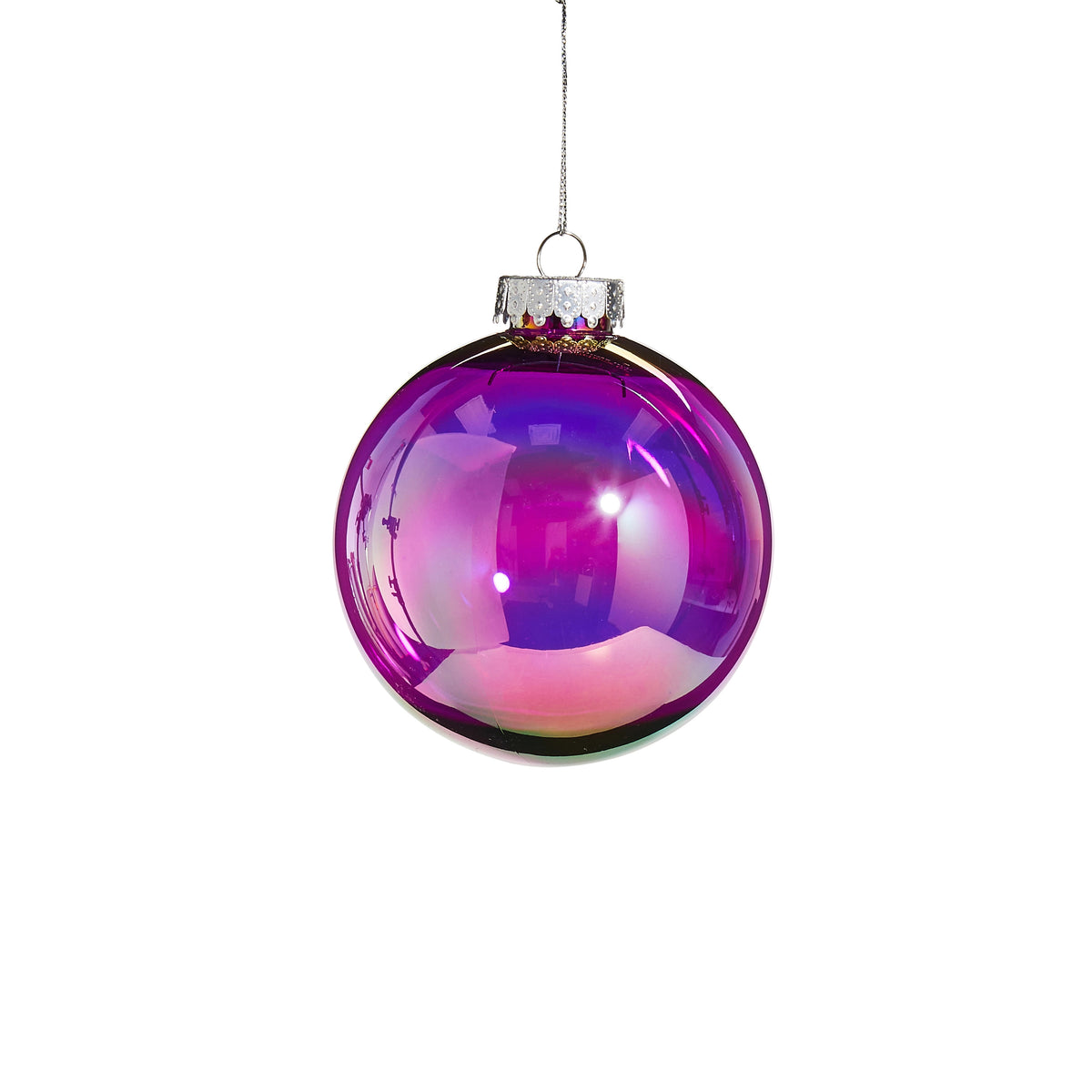 4-inch purple seamless iridescent ball Christmas ornament with a silver cap and hanging string.
