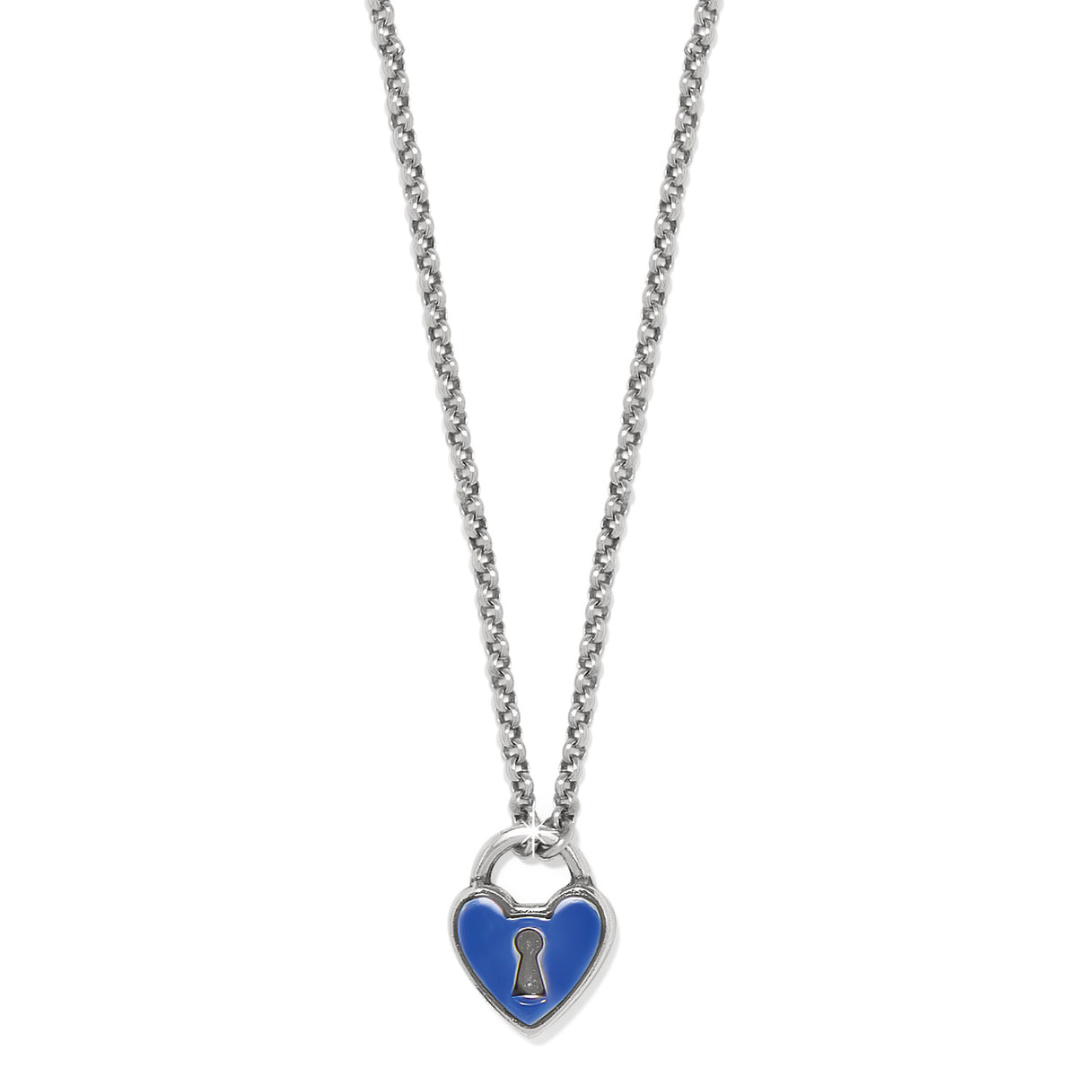 Silver-plated necklace with a blue enamel heart-shaped padlock pendant and keyhole detail.