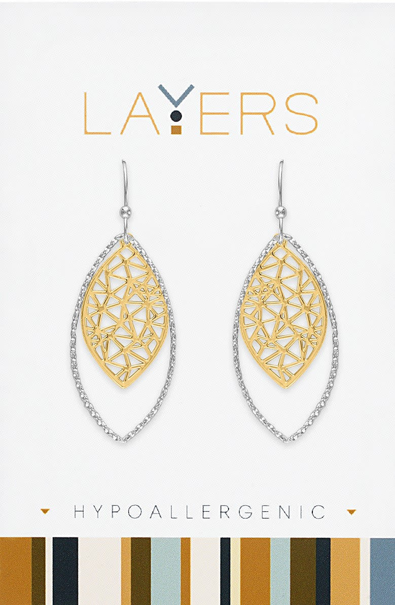 Silver two-toned ribbed geometric leaf dangle earrings with a layered design on a white card.