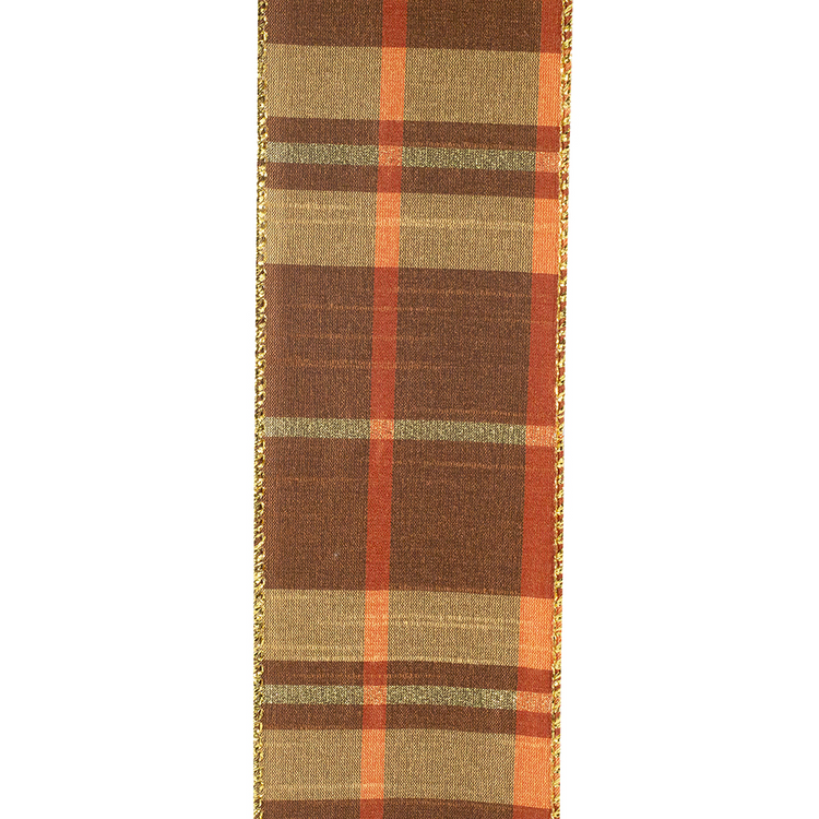 Plaid Mary Dupioni metallic wired edge ribbon in multi-color brown and orange tones.