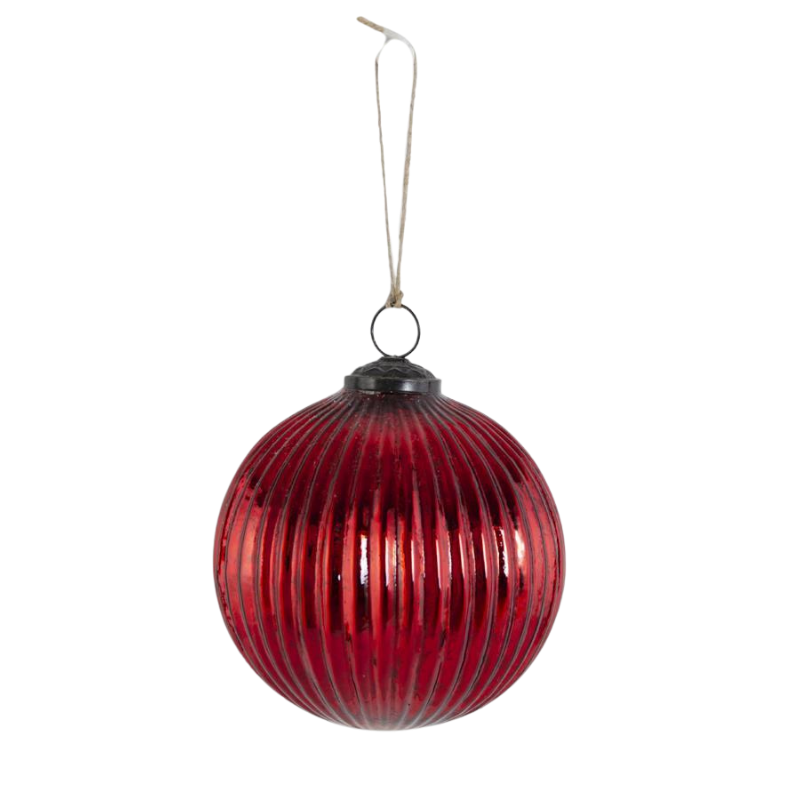 5 inch red mercury glass ornament with vertical ribbing and a metal hanging loop.