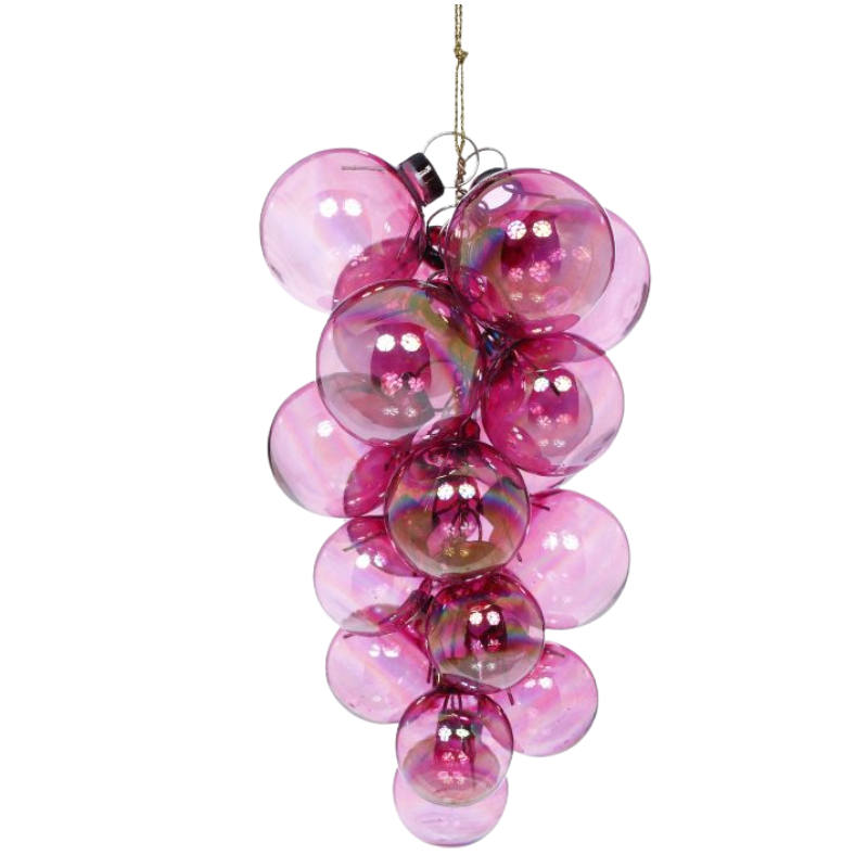 Pearl Grape Cluster Ornament made of iridescent pink glass spheres hanging from a gold string.