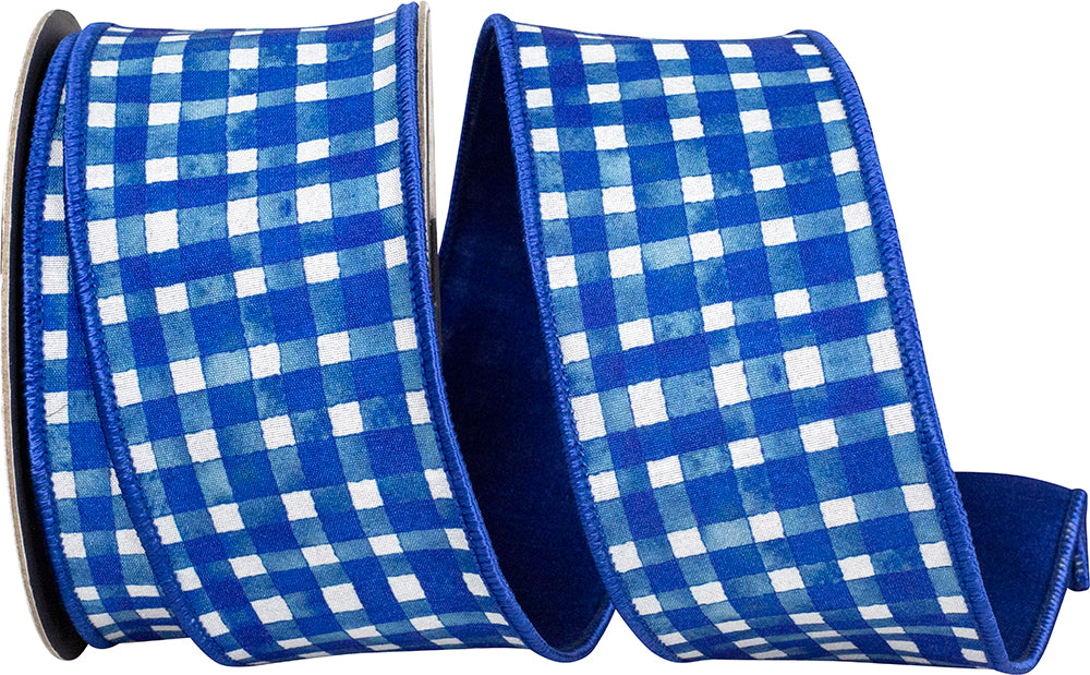 Blue and white watercolor check deluxe dupioni ribbon with a wired edge on a spool.