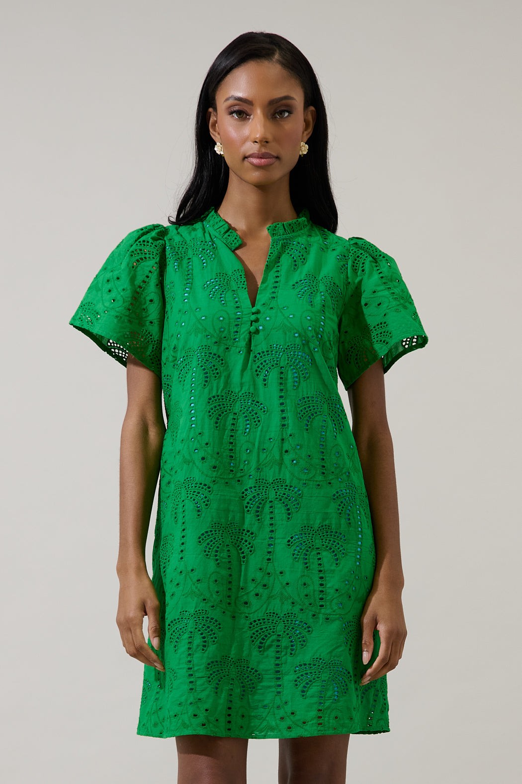 Ema Shift Mini Dress Palms Eyelet