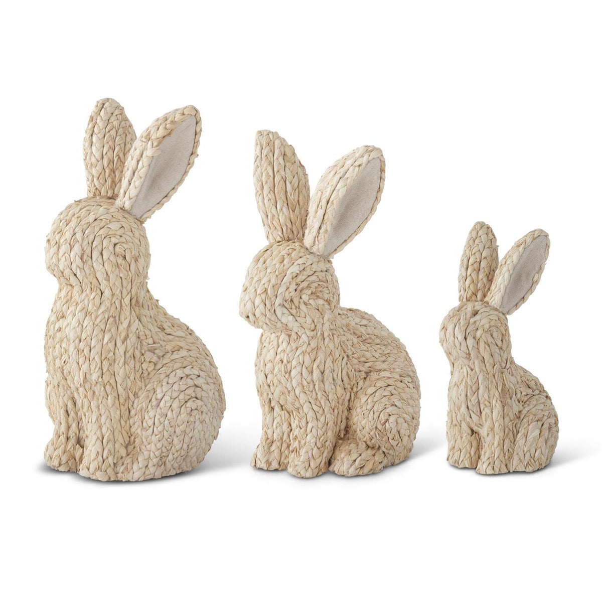 Woven grass Easter bunny figurine with polyfoam filling in natural green tones.