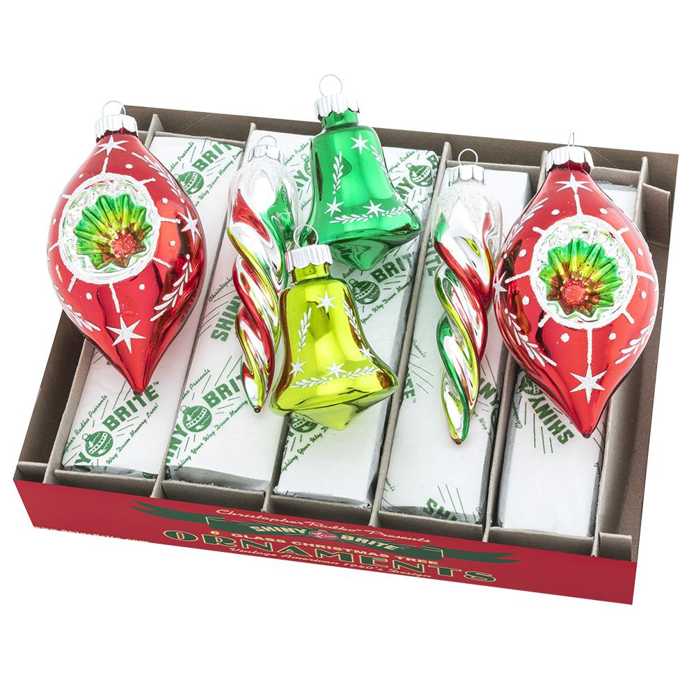 Set of 6 Christopher Radko Holiday Splendor mixed shape glass Christmas ornaments in a box.