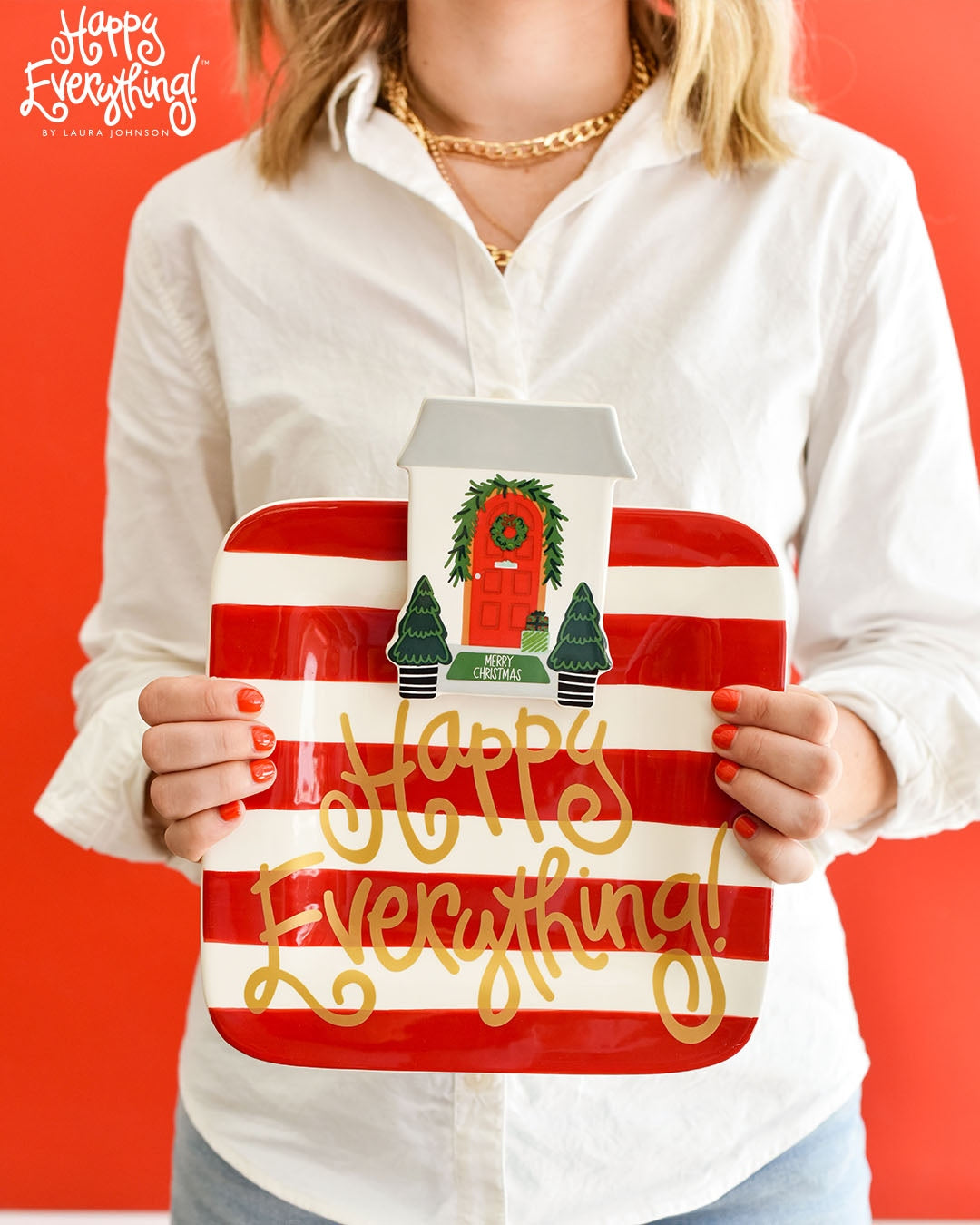 Ceramic square platter in red with white text reading Happy Everything!