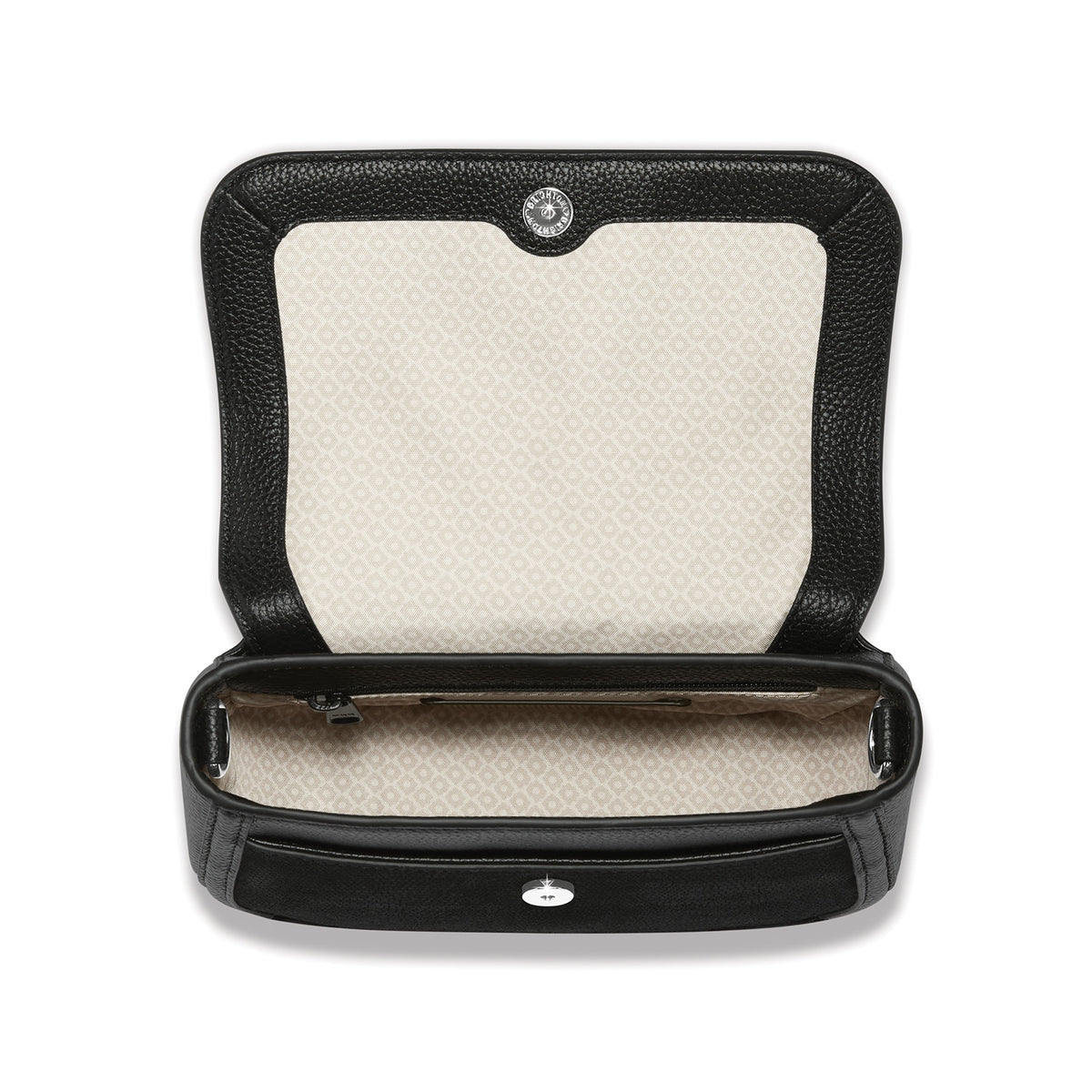 Interior view of the Everbloom Noir Arlo Flap Cross Body Bag showing the patterned lining and pocket.
