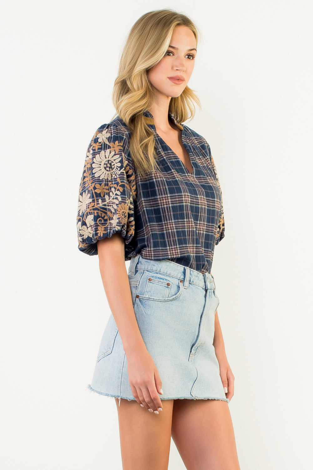 Gwen Embroidered Puff Sleeve Gingham Top