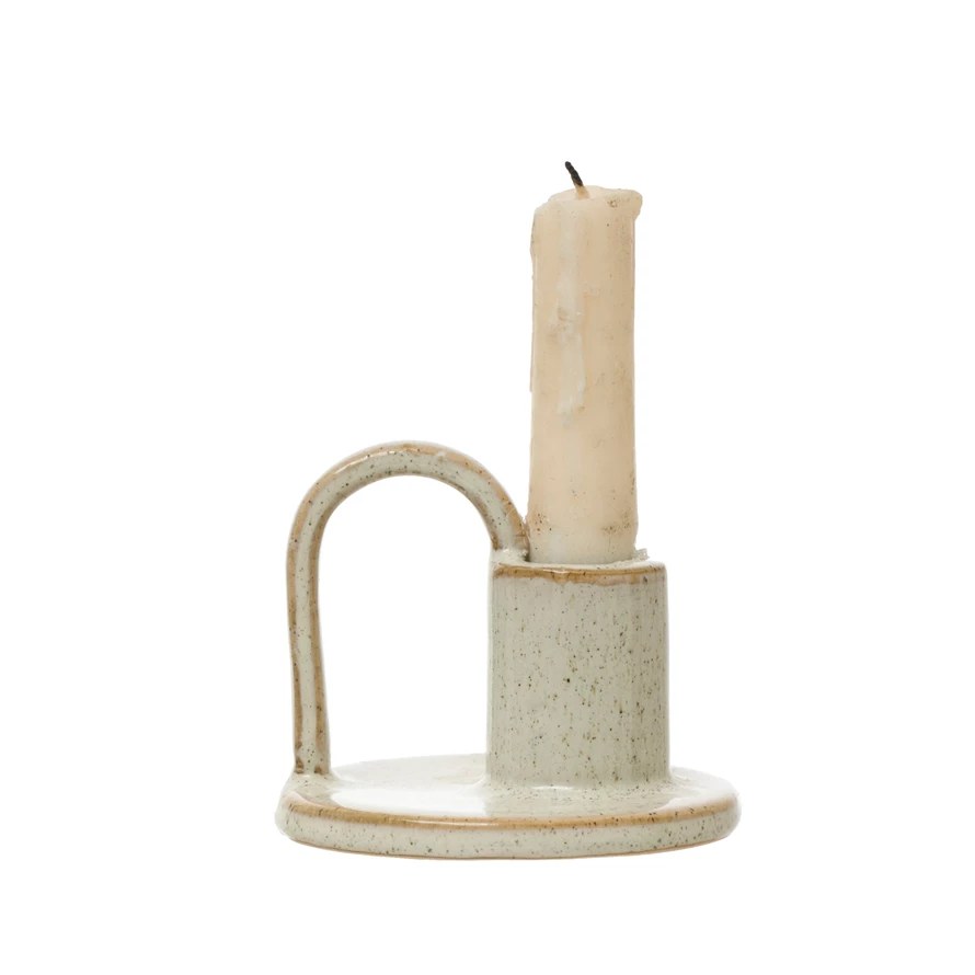 Stoneware taper holder with handle in natural finish