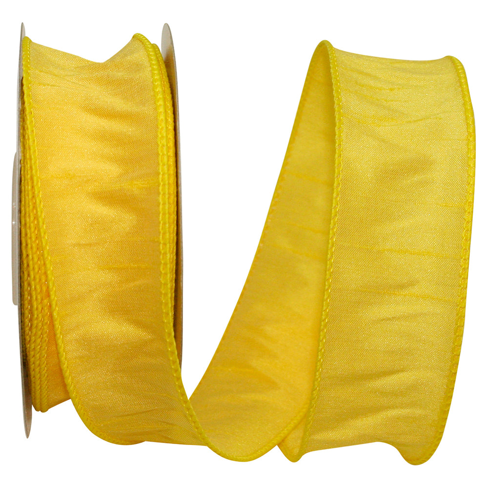 1.5-inch wide yellow dupioni ribbon with a wired edge on a spool.