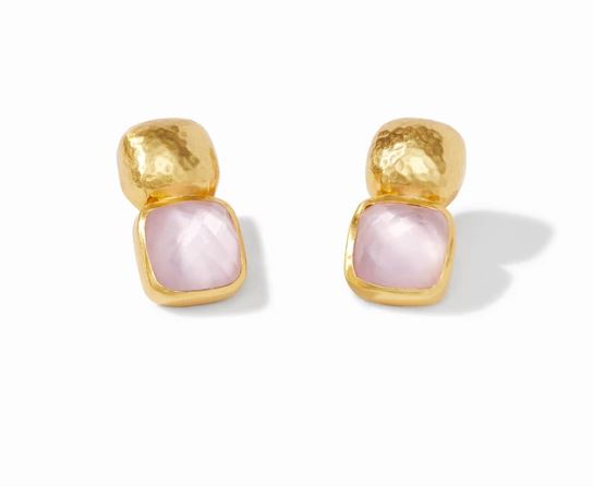 Catalina earring featuring a one-inch imported glass drop with mother-of-pearl accents on 24K gold plate.