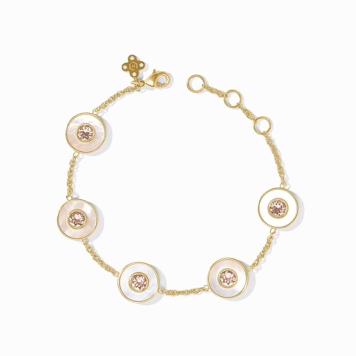 Champagne gold plated adjustable circle bracelet with mother of pearl accents