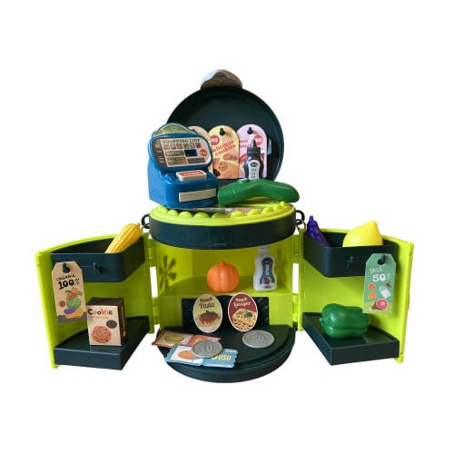 Travel case themed playset featuring a shopping bag toy with handles in white plastic.