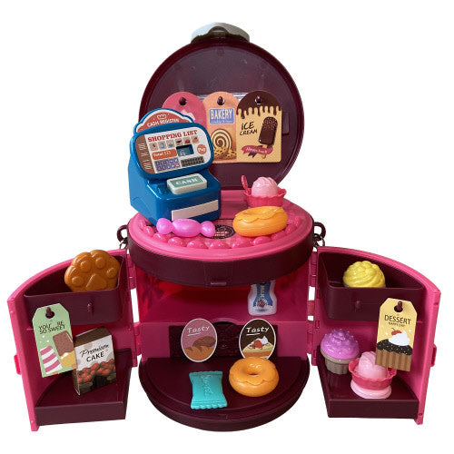 Shopping-themed travel case playset featuring a suitcase silhouette with wheels.