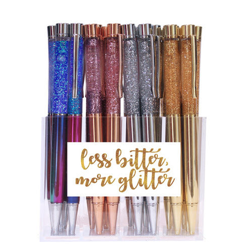 Metal pen with liquid glitter ink in a sleek cylindrical body.