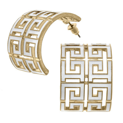 White enamel hoop earrings featuring a Greek key pattern with a dimension length of 1.25 inches.