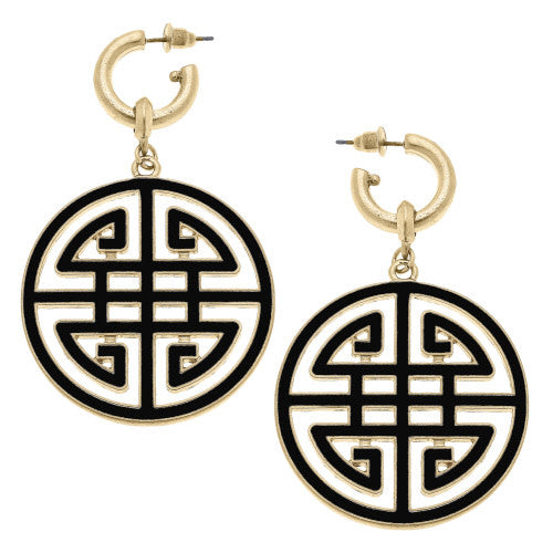 Black enamel statement earrings featuring Greek key patterns with a geometric silhouette.
