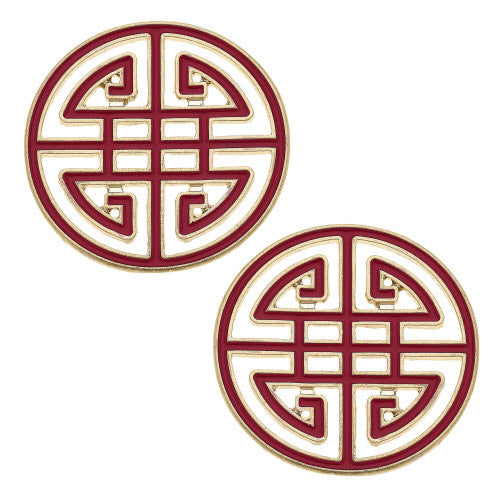 Crimson enamel stud earrings featuring a Greek key geometric pattern.