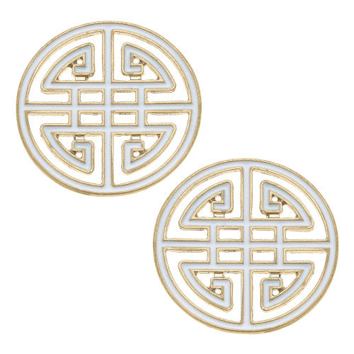 White enamel stud earrings featuring a Greek key geometric pattern.