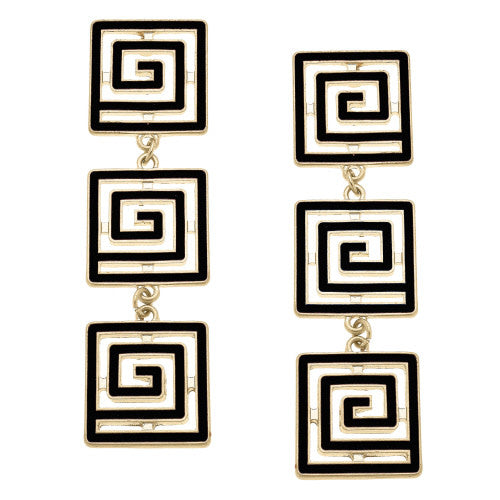 Black enamel linked Greek key earrings with a geometric silhouette.