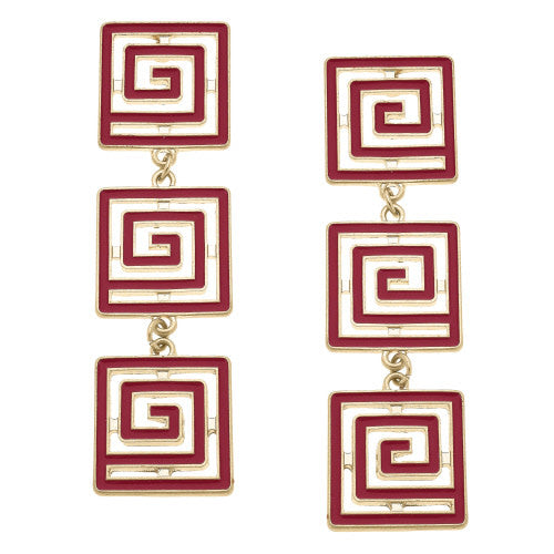 Crimson enamel linked Greek key earrings with a geometric silhouette