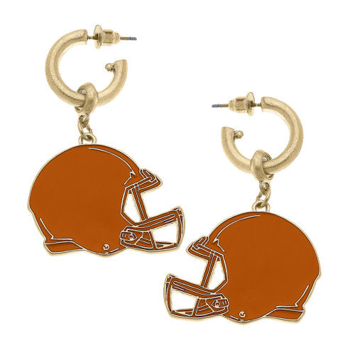 Orange enamel football helmet earrings with a glossy finish